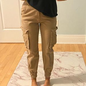 Dark beige cargo pants, petite friendly